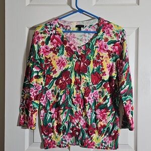 TALBOTS WOMAN PETITES CHARMING CARDIGAN SWEATER FLORAL SIZE M